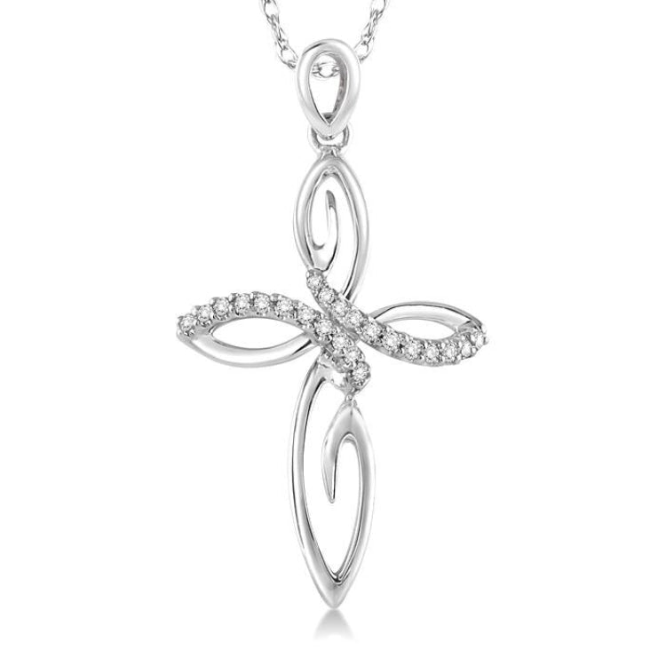 1/10 Ctw Round Cut Diamond Cross Pendant in 14K White Gold With Chain