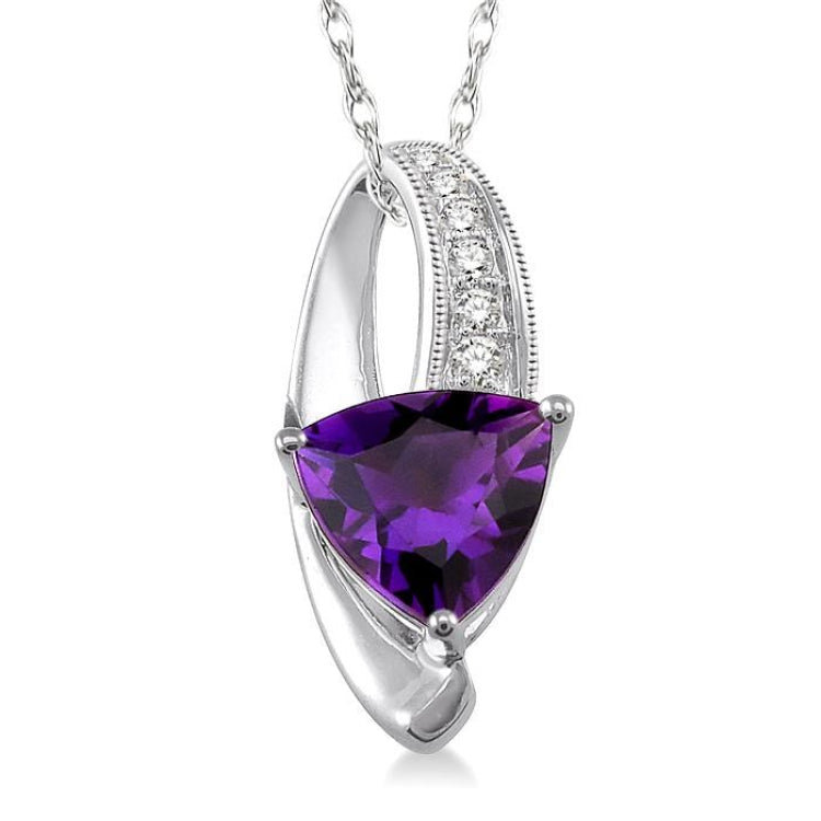 8x8 MM Trillion Cut Amethyst and 1/20 Ctw Round Cut Diamond Pendant in 10K White Gold with Chain