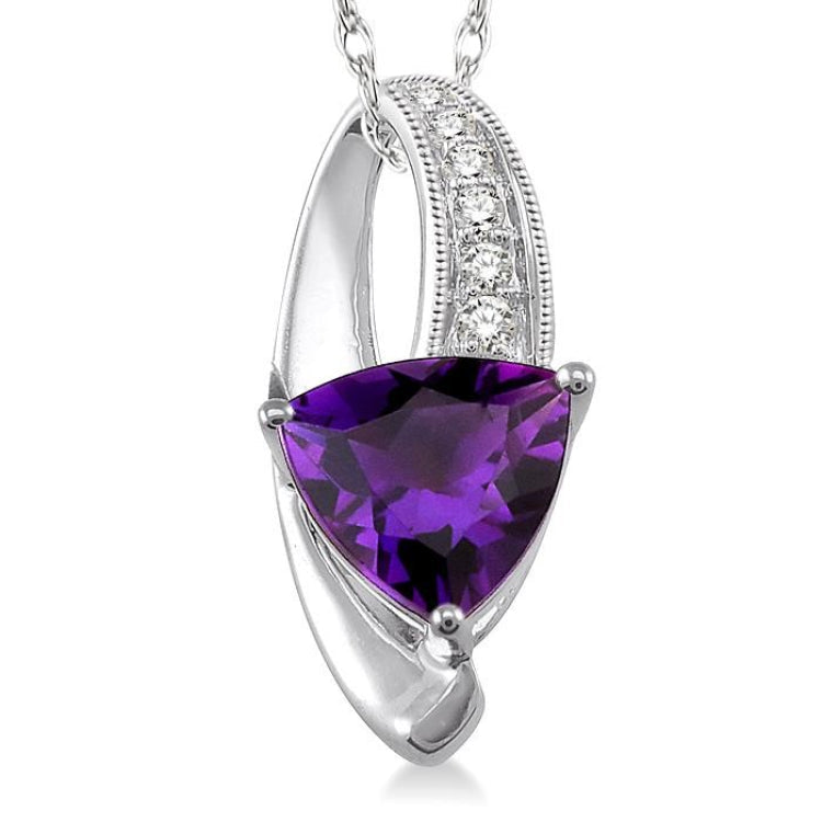 8x8 MM Trillion Cut Amethyst and 1/20 Ctw Round Cut Diamond Pendant in 10K White Gold with Chain