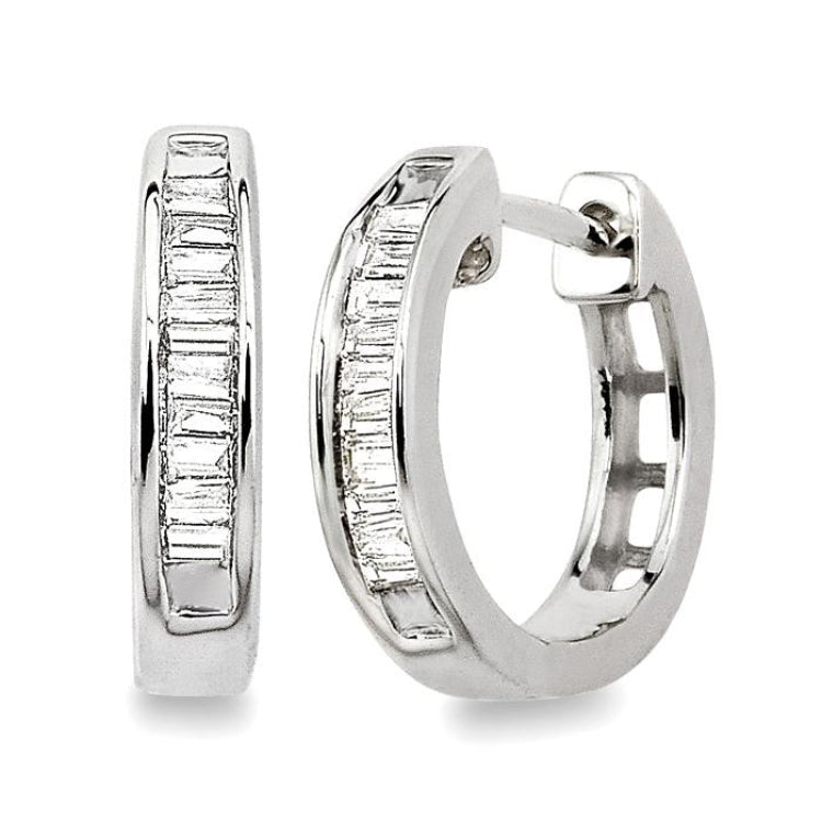 1/10 Ctw Baguette Cut Diamond Huggie Earrings in 14K White Gold