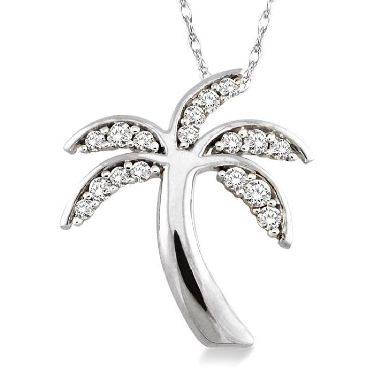 1/4 Ctw Palm Tree Round Cut Diamond Pendant in 14K White Gold with Chain