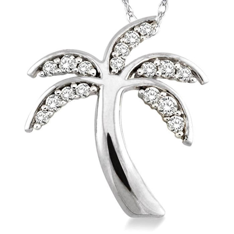 1/4 Ctw Palm Tree Round Cut Diamond Pendant in 14K White Gold with Chain