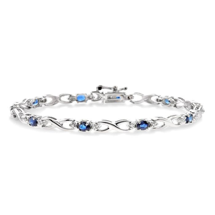 4x3 MM Oval Cut Sapphire and 1/10 Ctw Round Cut Diamond Bracelet in 10K White Gold