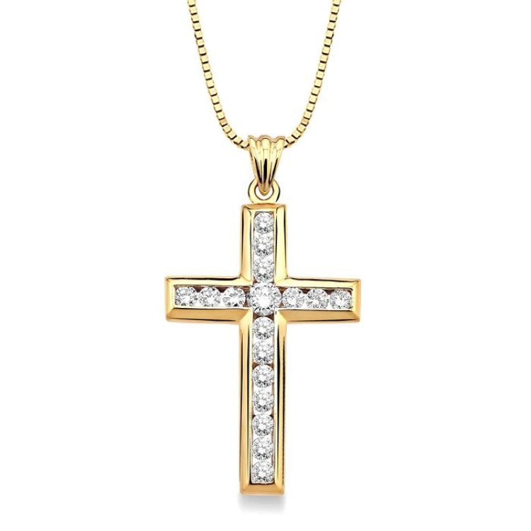 1 Ctw Round Cut Diamond Cross Pendant in 14K Yellow Gold with Chain