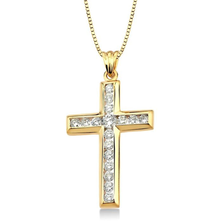 1 Ctw Round Cut Diamond Cross Pendant in 14K Yellow Gold with Chain