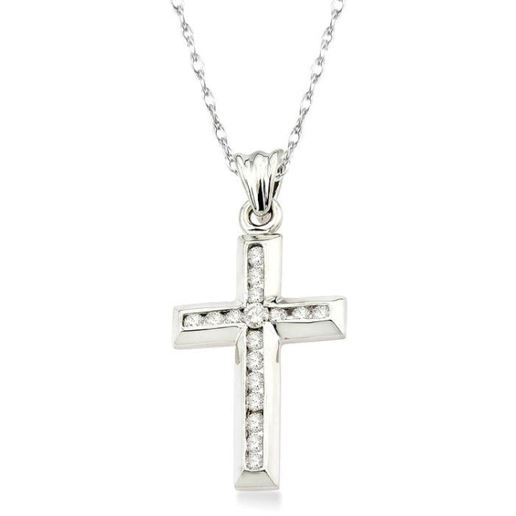 1/4 Ctw Round Cut Diamond Cross Pendant in 14K White Gold with Chain