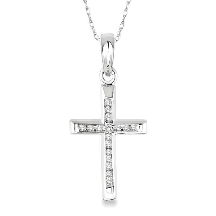 1/10 Ctw Single Cut Diamond Cross Pendant in 14K White Gold with Chain
