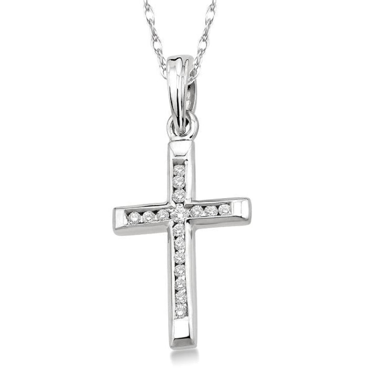 1/10 Ctw Single Cut Diamond Cross Pendant in 14K White Gold with Chain
