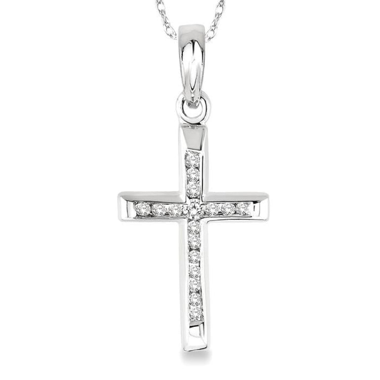 1/10 Ctw Single Cut Diamond Cross Pendant in 14K White Gold with Chain