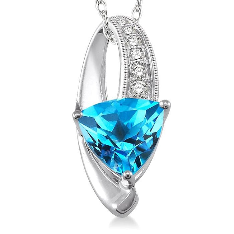 8x8 MM Trillion Cut Blue Topaz and 1/20 Ctw Round Cut Diamond Pendant in 10K White Gold with Chain