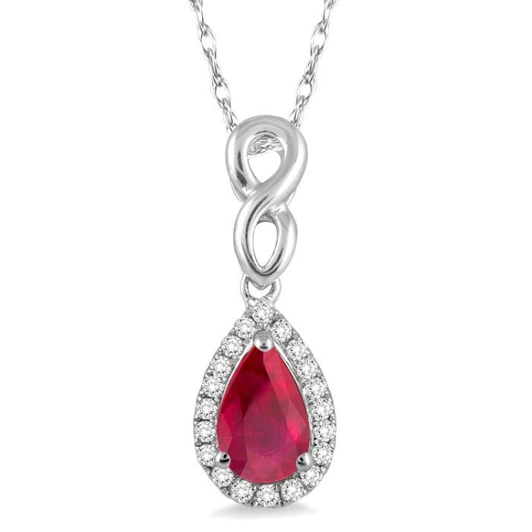 6x4 MM Pear Shape Ruby and 1/10 Ctw Round Cut Diamond Pendant in 10K White Gold with Chain