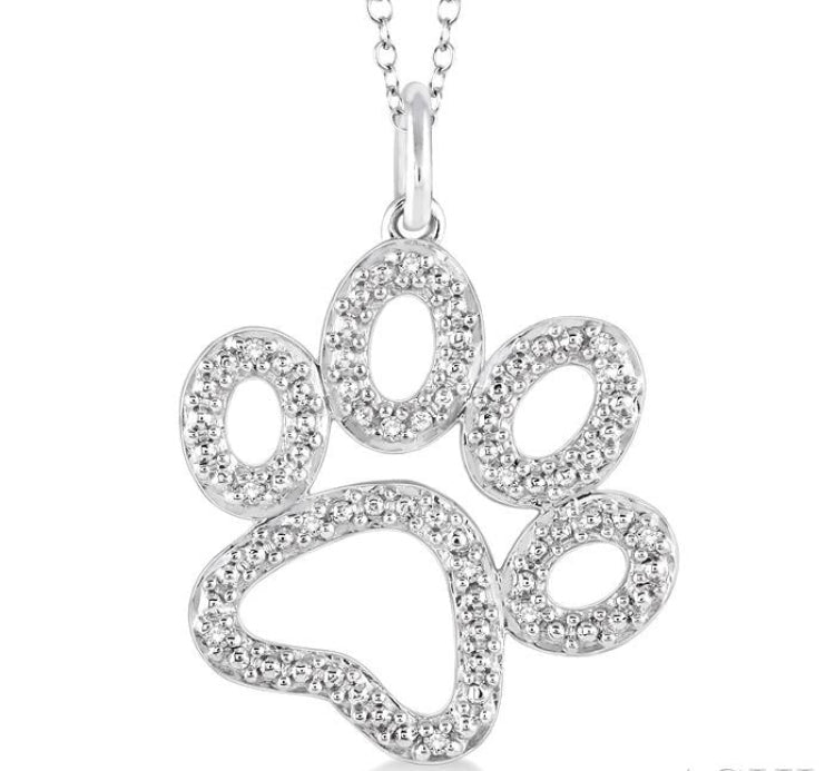 1/20 Ctw Dog Paw Round Cut Diamond Pendant With Chain in Sterling Silver