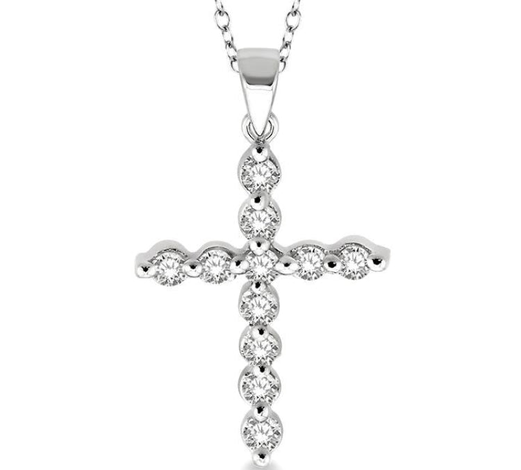 1/10 Ctw Round Cut Diamond Cross Pendant in Sterling Silver with Chain
