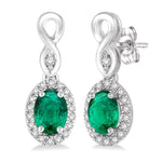 Load image into Gallery viewer, 5x3 MM Oval Cut Emerald and 1/6 Ctw Round Cut Diamond Earrings in 10K White Gold