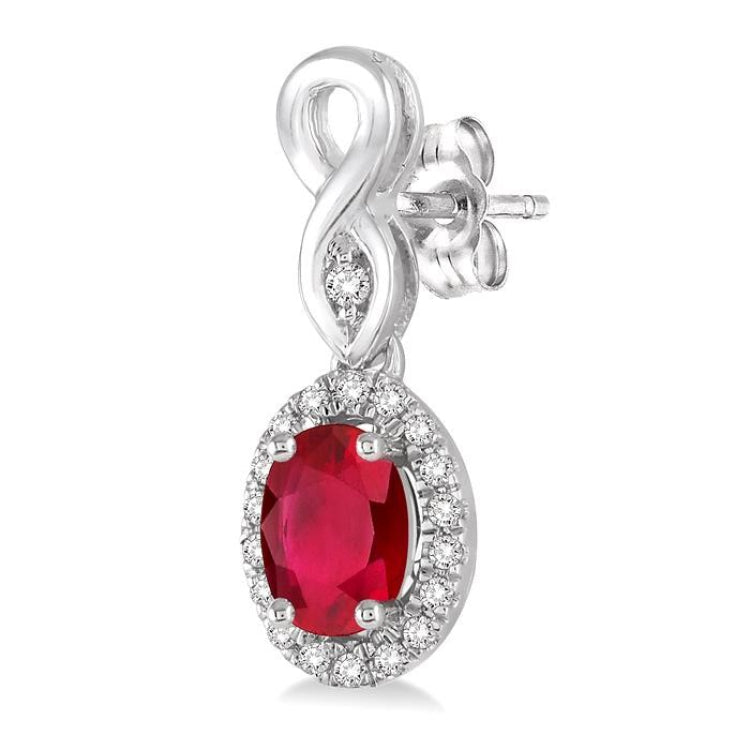 5x3 MM Oval Cut Ruby and 1/6 Ctw Round Cut Diamond Earrings in 14K White Gold