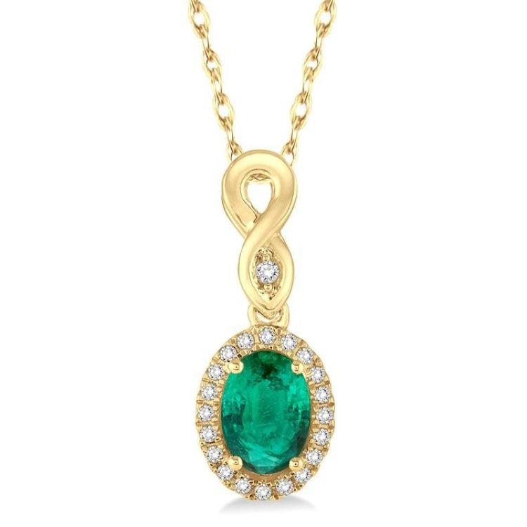 6x4 MM Oval Cut Emerald and 1/10 Ctw Round Cut Diamond Pendant in 10K Yellow Gold with Chain