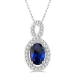 Load image into Gallery viewer, 6x4 MM Oval Cut Sapphire and 1/10 Ctw Round Cut Diamond Pendant in 10K White Gold with Chain