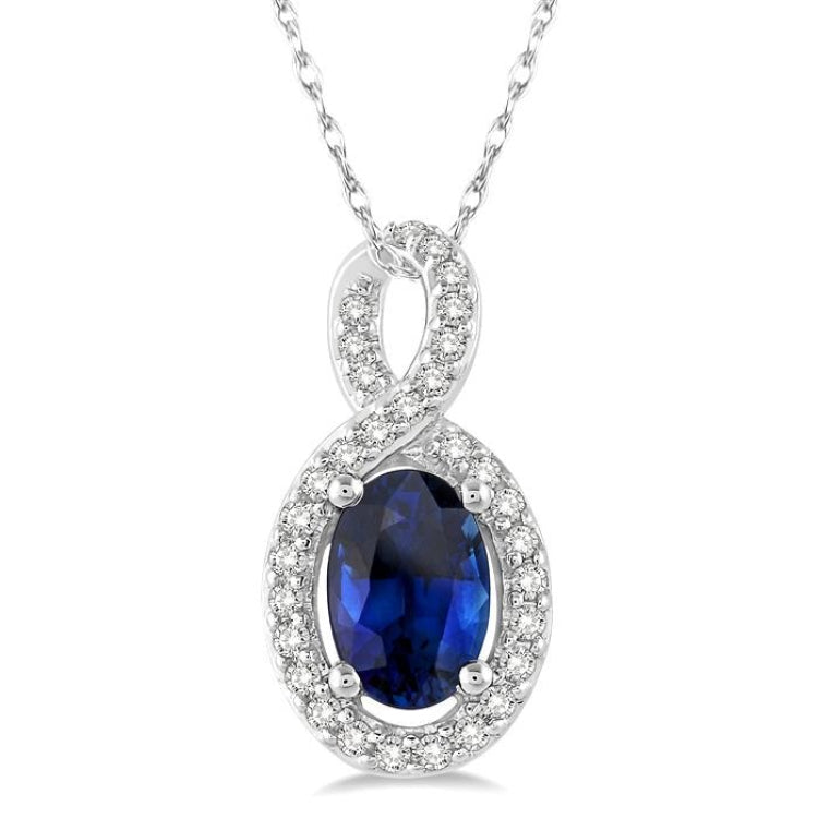 6x4 MM Oval Cut Sapphire and 1/10 Ctw Round Cut Diamond Pendant in 10K White Gold with Chain