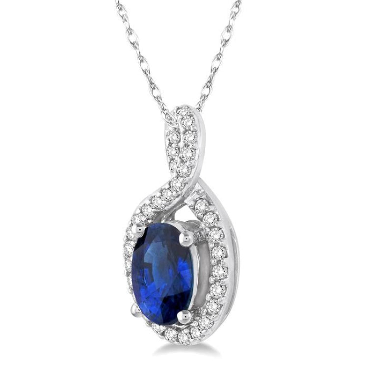 6x4 MM Oval Cut Sapphire and 1/10 Ctw Round Cut Diamond Pendant in 10K White Gold with Chain