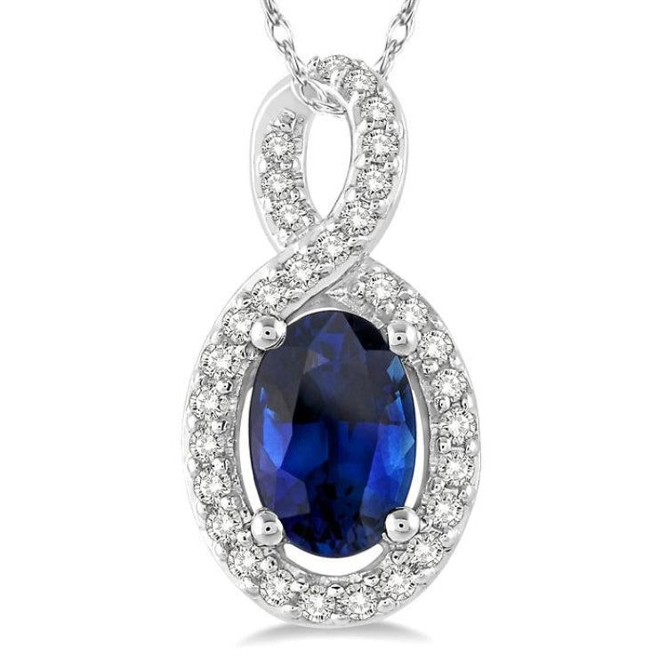 6x4 MM Oval Cut Sapphire and 1/10 Ctw Round Cut Diamond Pendant in 10K White Gold with Chain