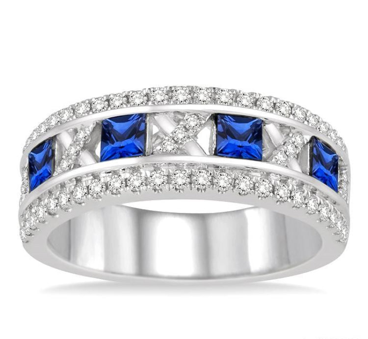 3x3 MM Princess Cut Sapphire and 3/8 Ctw Round Cut Diamond Precious Band in 14K White Gold