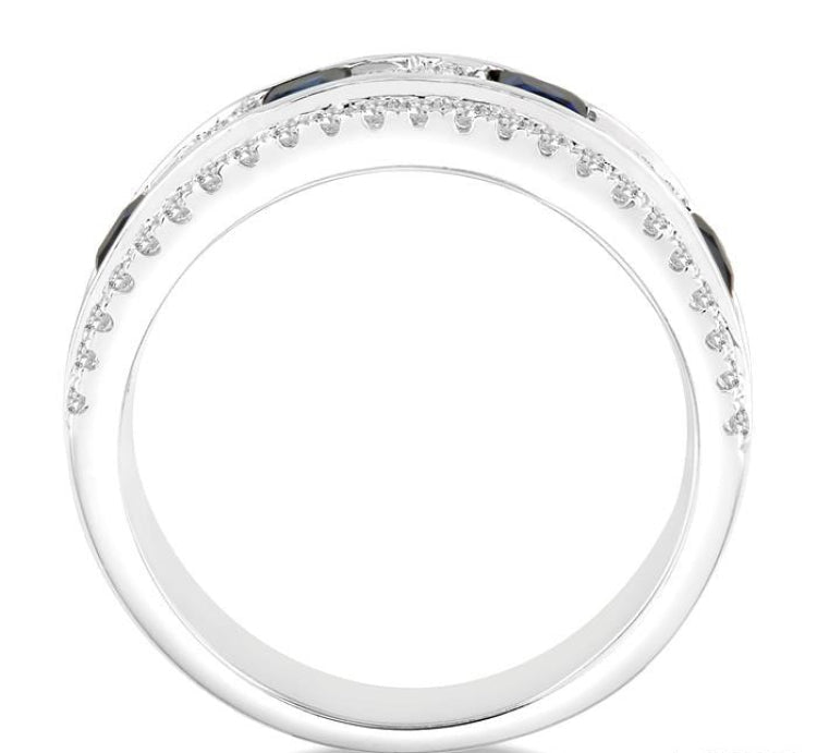 3x3 MM Princess Cut Sapphire and 3/8 Ctw Round Cut Diamond Precious Band in 14K White Gold