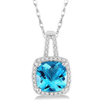 Load image into Gallery viewer, 8x8 MM Cushion Shape Blue Topaz and 1/5 Ctw Round Cut Diamond Pendant in 10K White Gold with Chain