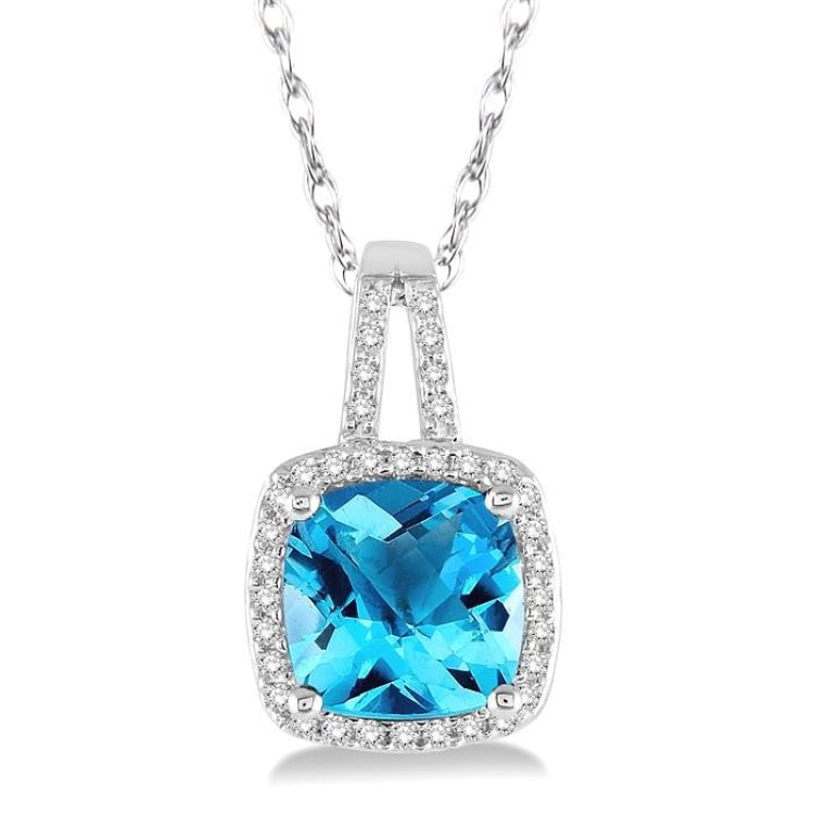 8x8 MM Cushion Shape Blue Topaz and 1/5 Ctw Round Cut Diamond Pendant in 10K White Gold with Chain
