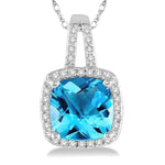 Load image into Gallery viewer, 8x8 MM Cushion Shape Blue Topaz and 1/5 Ctw Round Cut Diamond Pendant in 10K White Gold with Chain