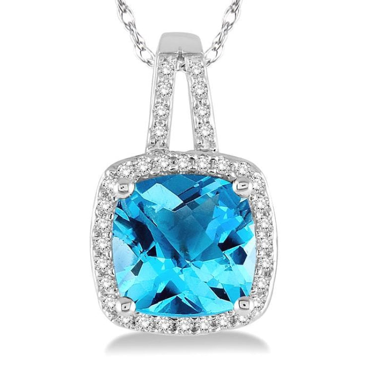 8x8 MM Cushion Shape Blue Topaz and 1/5 Ctw Round Cut Diamond Pendant in 10K White Gold with Chain