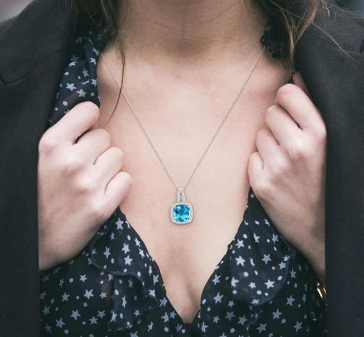 8x8 MM Cushion Shape Blue Topaz and 1/5 Ctw Round Cut Diamond Pendant in 10K White Gold with Chain