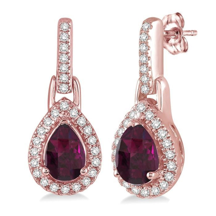 6x4 MM Pear Shape Rhodolite Garnet and 1/5 Ctw Round Cut Diamond Earrings in 10K Rose Gold
