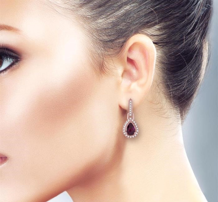 6x4 MM Pear Shape Rhodolite Garnet and 1/5 Ctw Round Cut Diamond Earrings in 10K Rose Gold