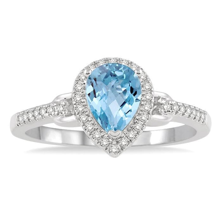 7x5 MM Pear Shape Aquamarine and 1/6 Ctw Round Cut Diamond Ring in 14K White Gold