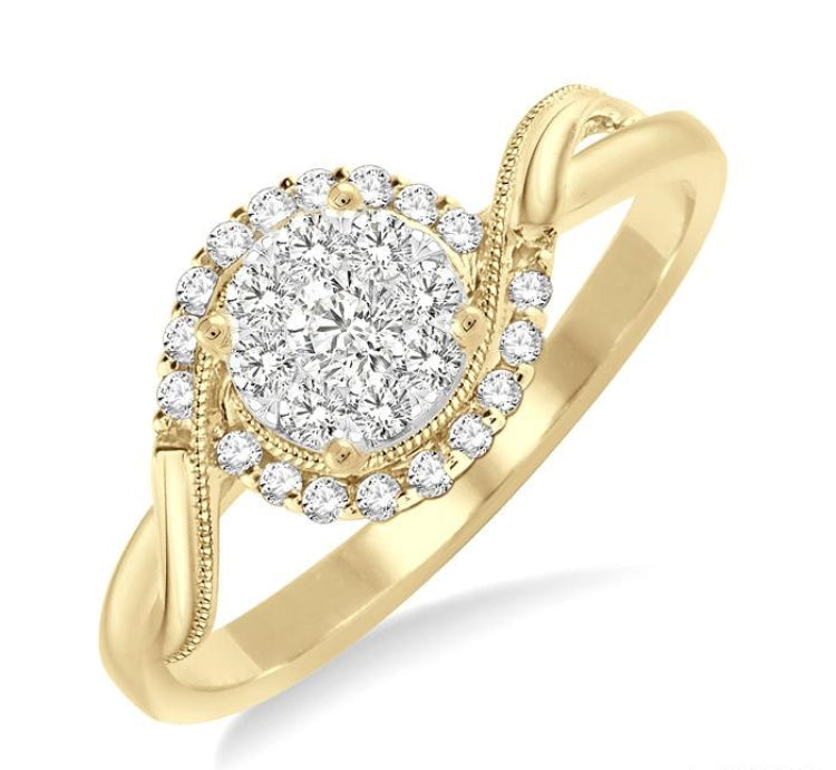 1/3 Ctw Round Cut Diamond Lovebright Engagement Ring in 14K Yellow and White Gold
