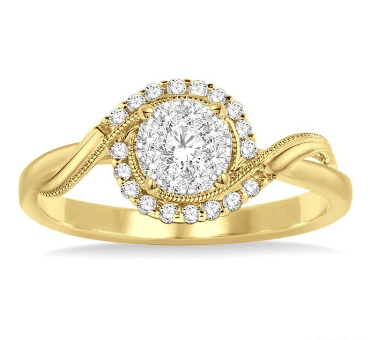 1/3 Ctw Round Cut Diamond Lovebright Engagement Ring in 14K Yellow and White Gold