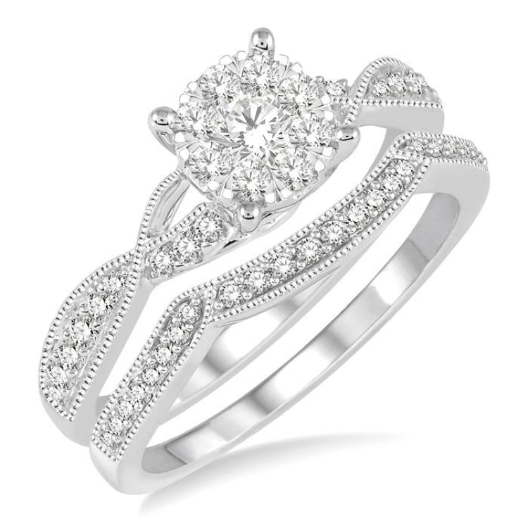 5/8 Ctw Round Cut Diamond Lovebright Bridal Set with 1/2 Ctw Engagement Ring and 1/6 Ctw Wedding Band in 14K White Gold