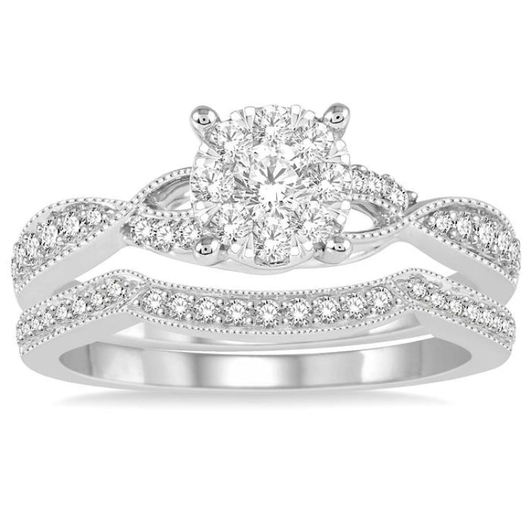 5/8 Ctw Round Cut Diamond Lovebright Bridal Set with 1/2 Ctw Engagement Ring and 1/6 Ctw Wedding Band in 14K White Gold