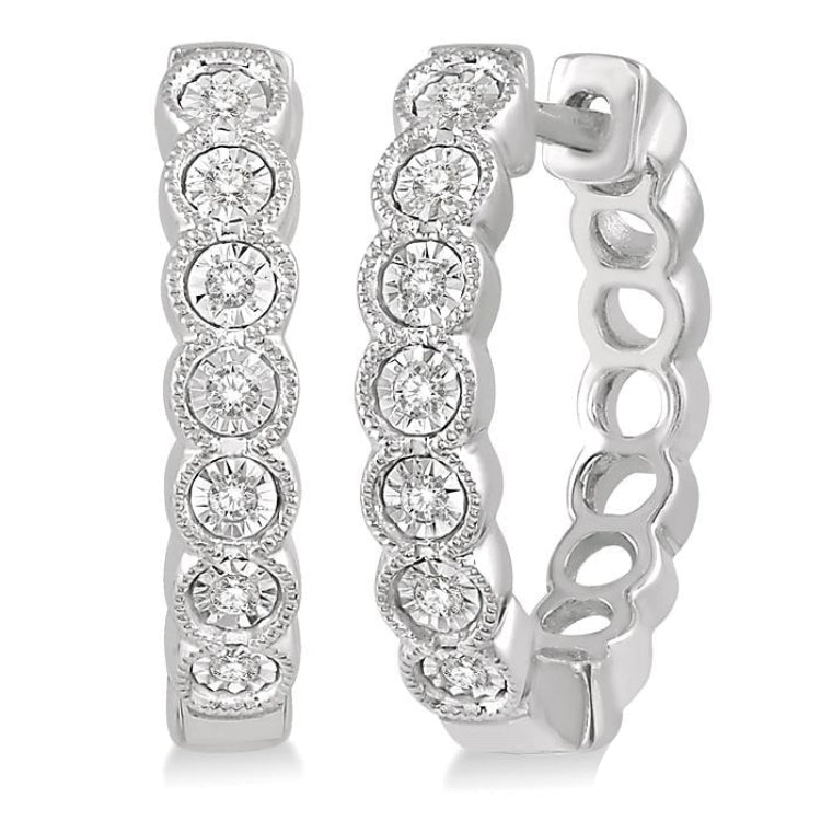 1/10 Ctw Lattice Round Cut Diamond Hoop Earrings in 10K White Gold
