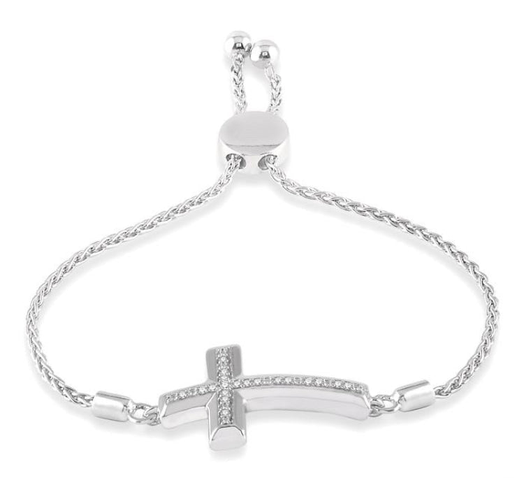 1/20 Ctw Cross Charm Round Cut Diamond Sterling Silver Lariat Bracelet