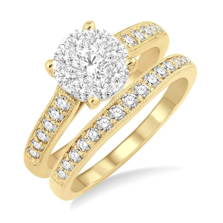 1 Ctw Diamond Wedding Set with 3/4 Ctw Lovebright Round Cut Engagement Ring and 1/4 Ctw Wedding Band in 14K Yellow and White Gold