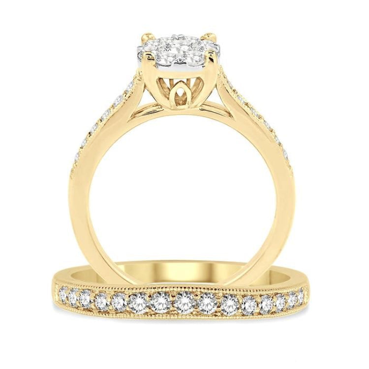 1 Ctw Diamond Wedding Set with 3/4 Ctw Lovebright Round Cut Engagement Ring and 1/4 Ctw Wedding Band in 14K Yellow and White Gold