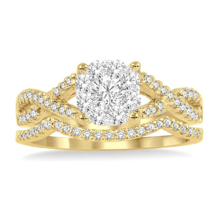 1/2 Ctw Diamond Wedding Set with 1/3 Ctw Lovebright Engagement Ring and 1/10 Ctw Wedding Band in 14K Yellow and White Gold