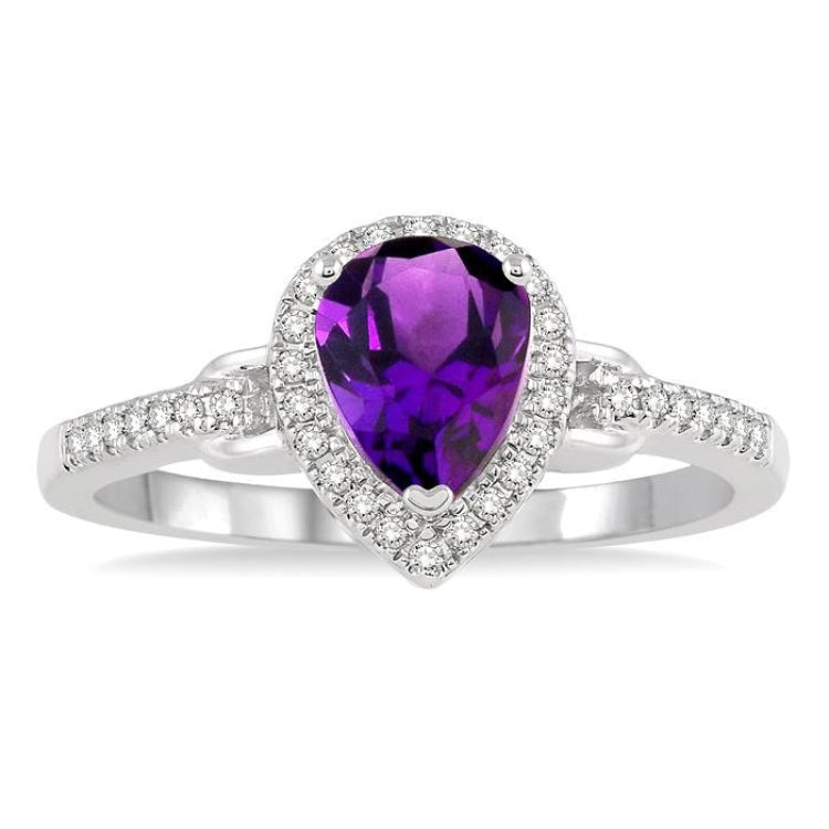 7x5 MM Pear Shape Amethyst and 1/6 Ctw Round Cut Diamond Ring in 10K White Gold