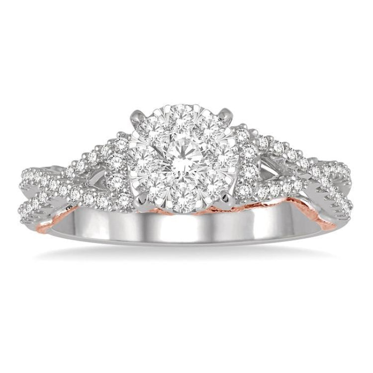 5/8 Ctw Round Diamond Lovebright Crossover Shank Engagement Ring in 14K White and Rose Gold