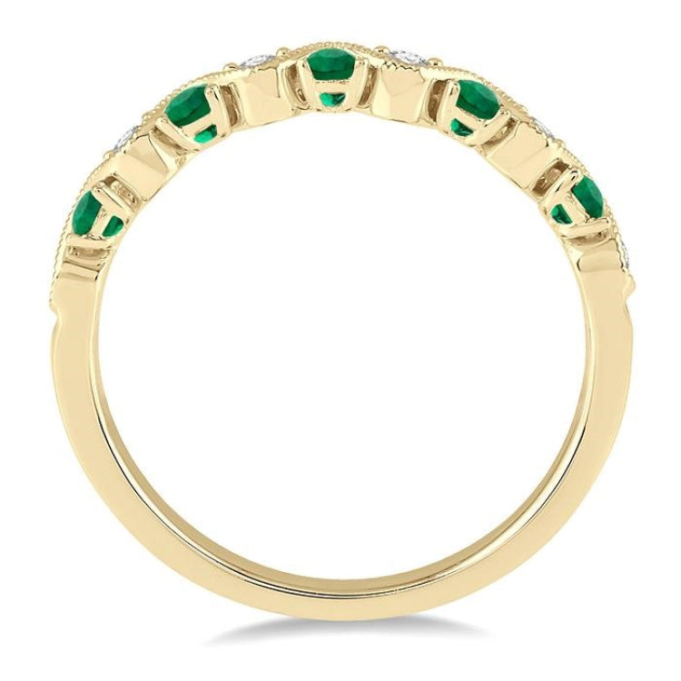 1.8 MM Emerald and 1/6 Ctw Round Cut Diamond Precious Waves Wedding Band in 14K Yellow Gold