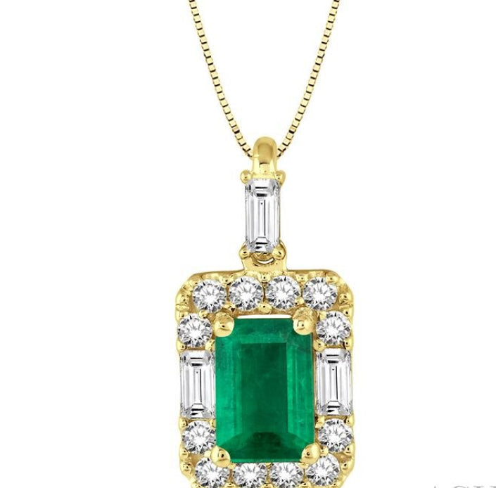 6x4 MM Octagon Cut Emerald and 1/3 Ctw Round Cut Diamond Precious Pendant in 14K Yellow Gold with Chain