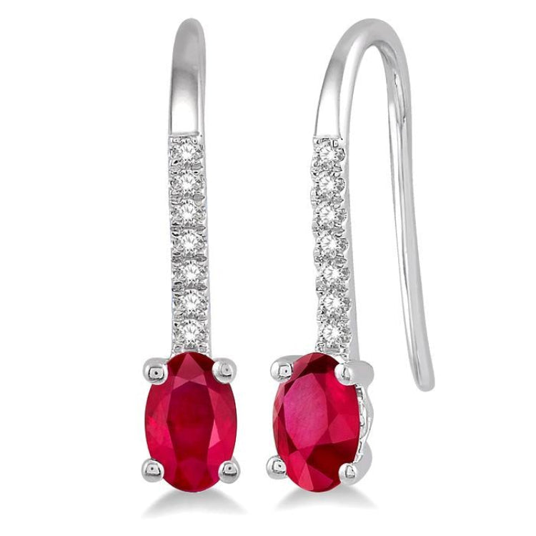 5x3 MM Oval Cut Ruby and 1/20 Ctw Round Cut Diamond Precious Earrings in 10K White Gold