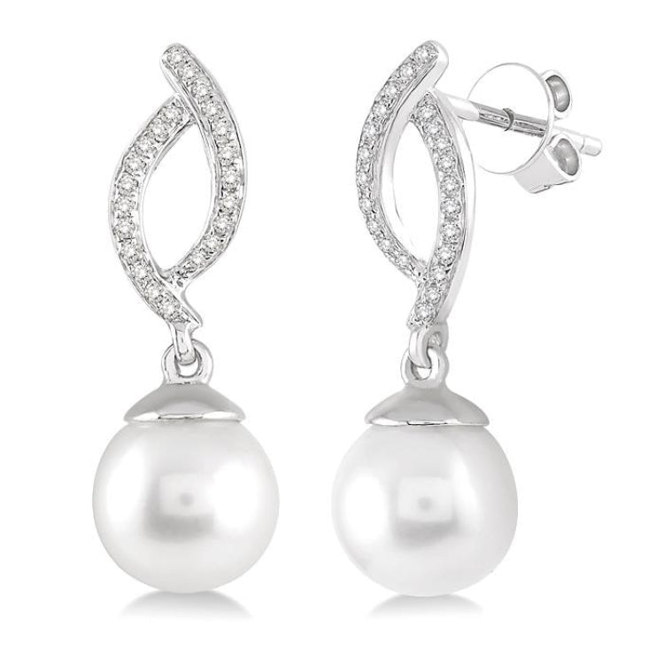 7x7 MM Round Cut Cultured Pearls and 1/6 Ctw Round Cut Diamond Earrings in 14K White Gold