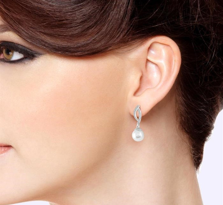 7x7 MM Round Cut Cultured Pearls and 1/6 Ctw Round Cut Diamond Earrings in 14K White Gold